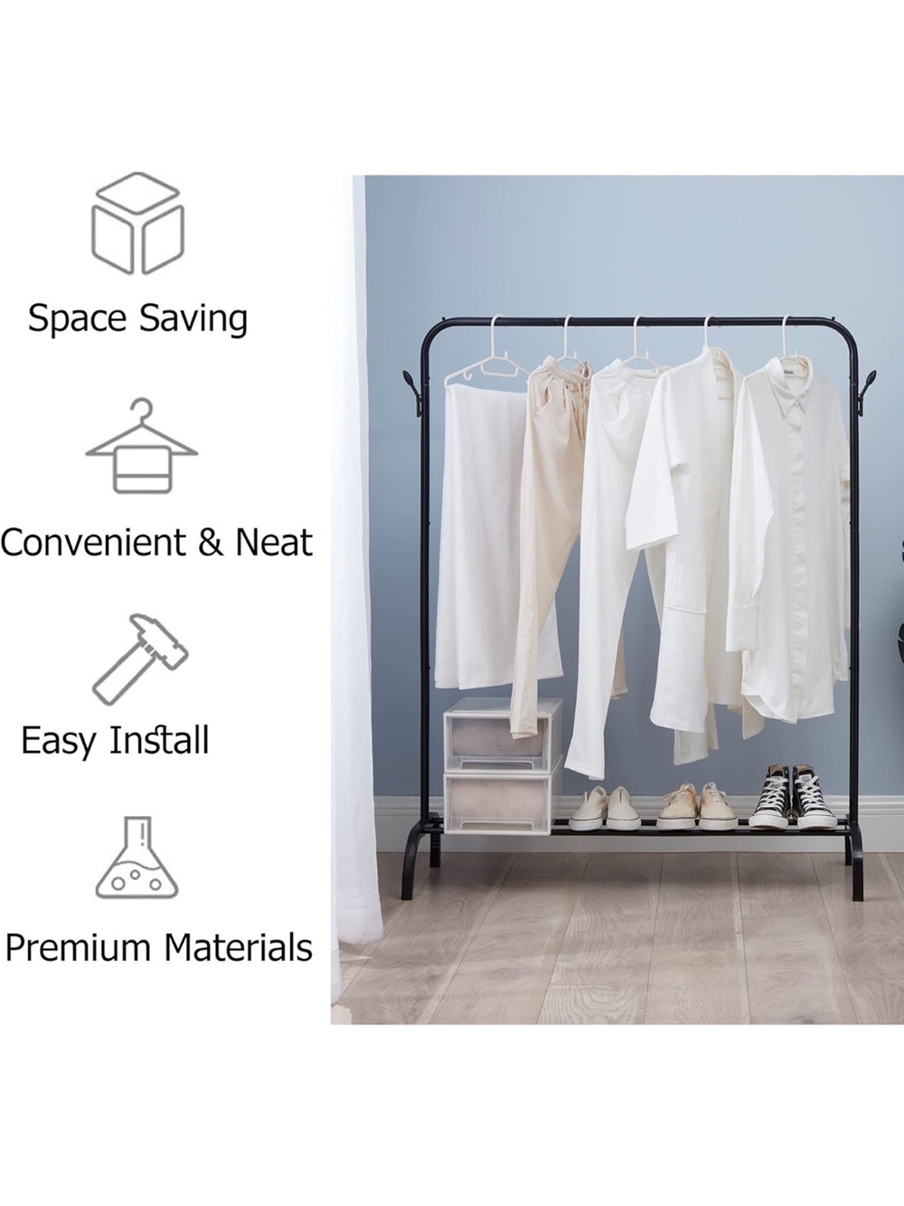 WEASHUME Black Metal Clothes Rack with Bottom Shelf Portable for Hanging  NWT - Picture 8 of 12